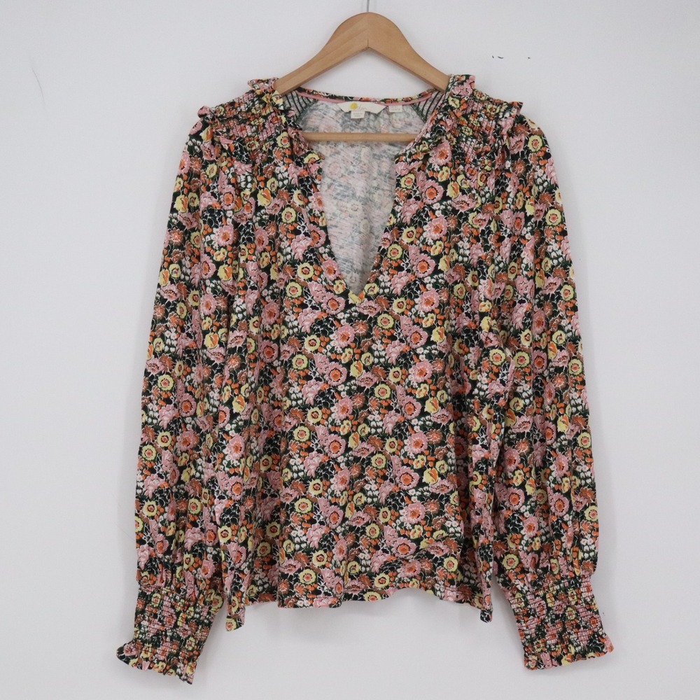 Boden Top Womens 16/18 Blouse Multi Color Floral Smocked V-Neck Excellent